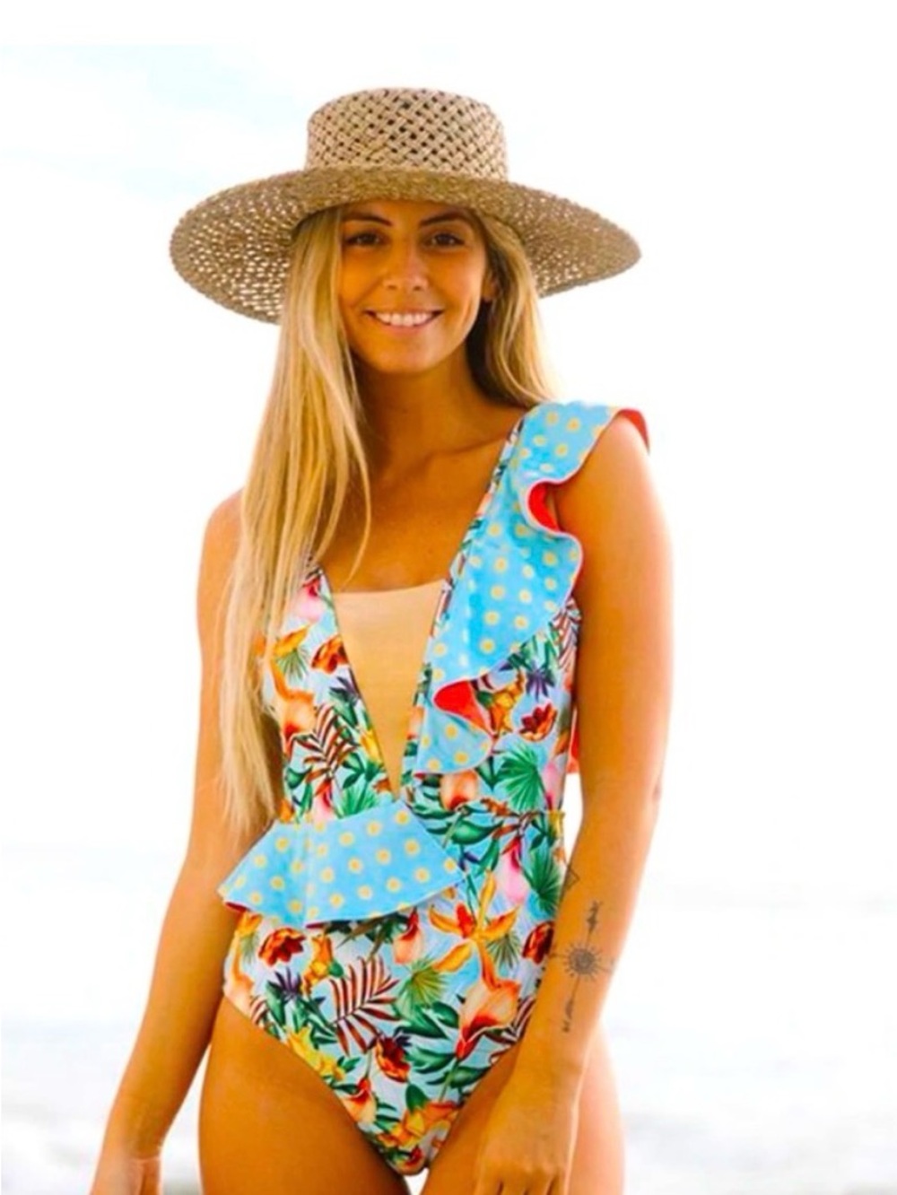 Tropical Print One-Piece Swimsuit with Blue Ruffle